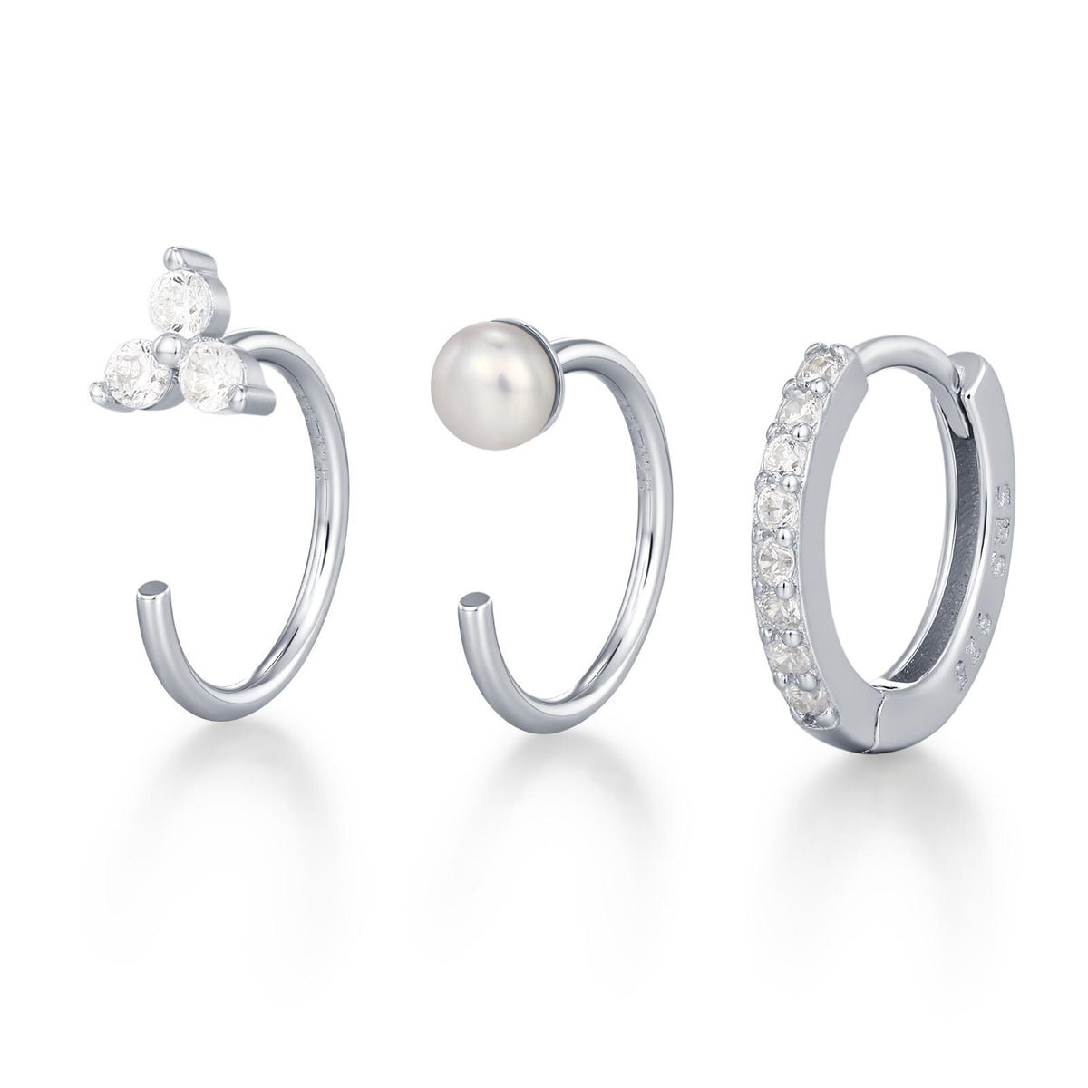 Set of Three Sterling Silver Pearl CZ Open Hoop Earrings