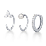 Set of Three Sterling Silver Pearl CZ Open Hoop Earrings