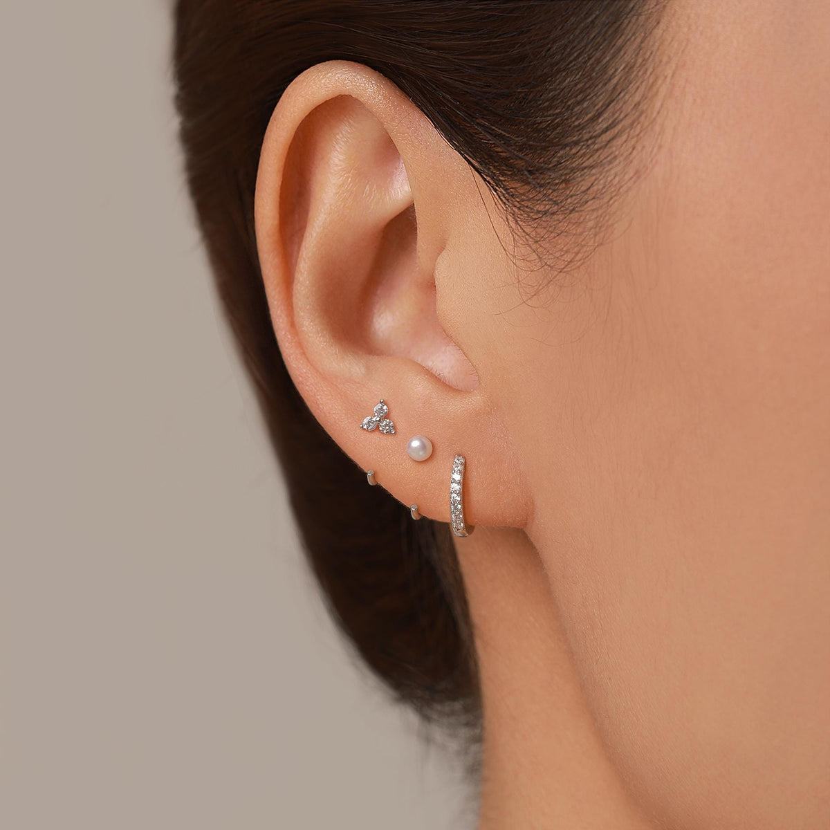 Set of Three Sterling Silver Pearl CZ Open Hoop Earrings