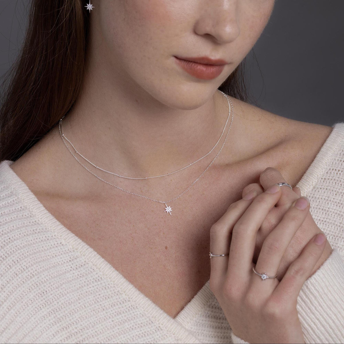 CZ Starburst Double Layer Necklace with Satellite Chain