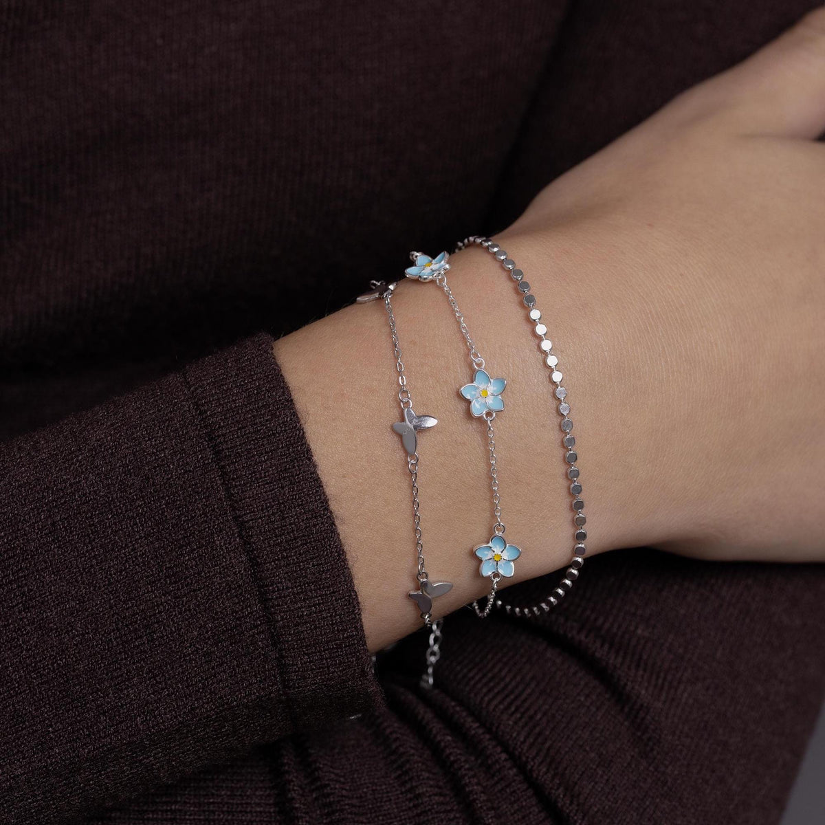 Enamel Forget Me Not Flower Trio Charm Bracelet