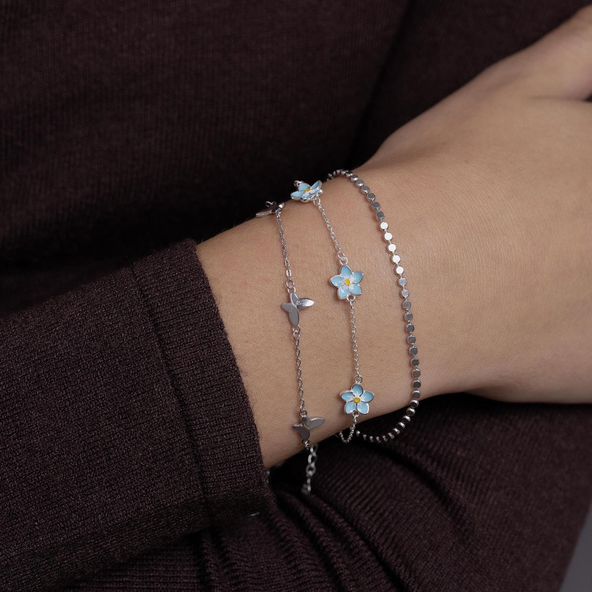 Enamel Forget Me Not Flower Trio Charm Bracelet