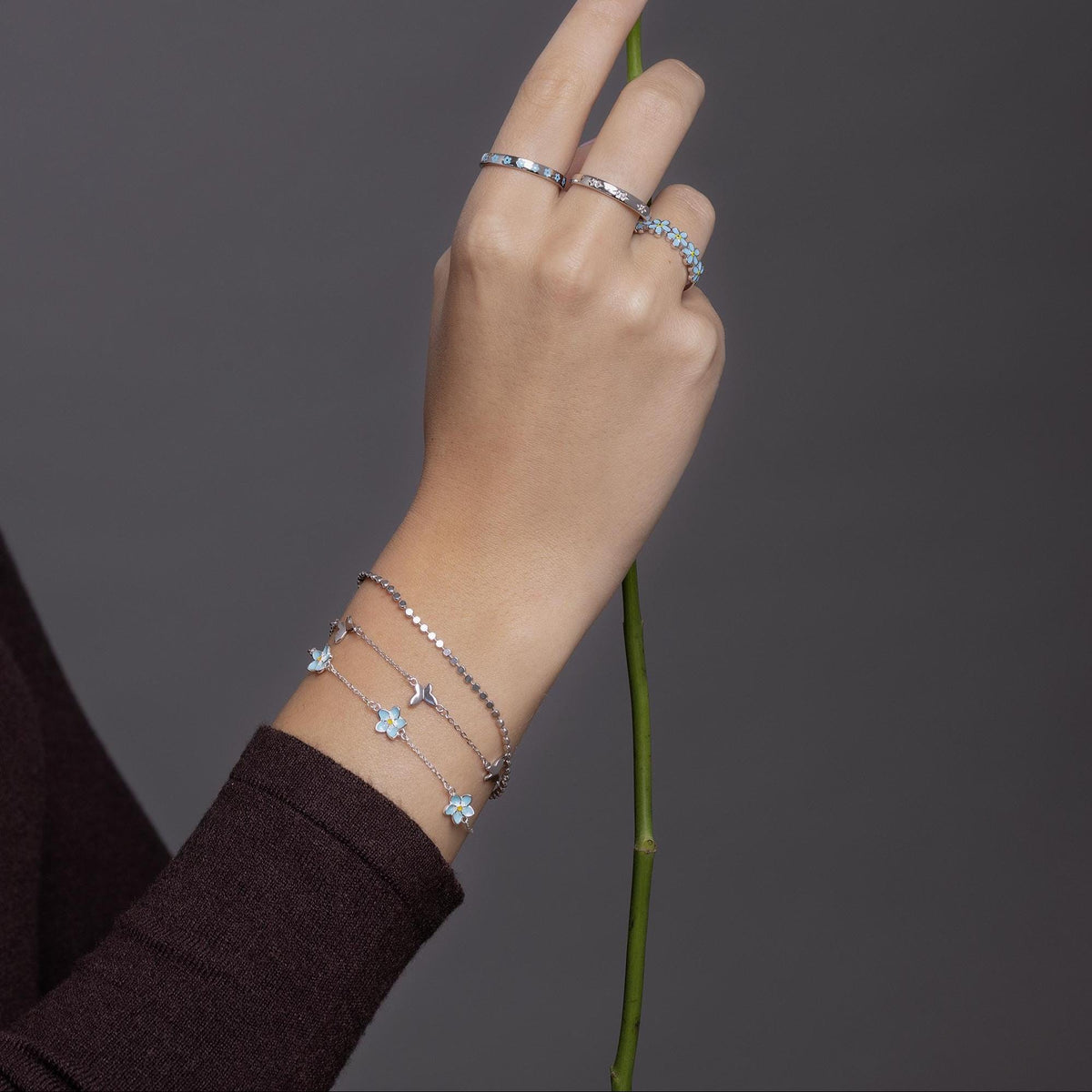 Enamel Forget Me Not Flower Trio Charm Bracelet