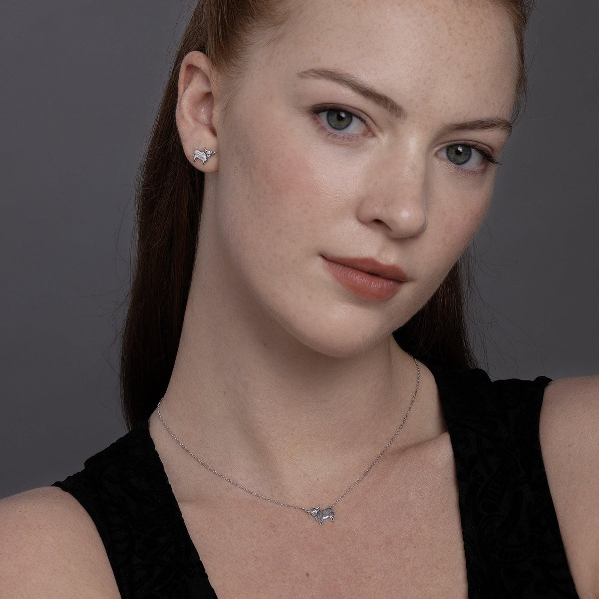 Sterling Silver Highland Cow Earrings and Necklace Set