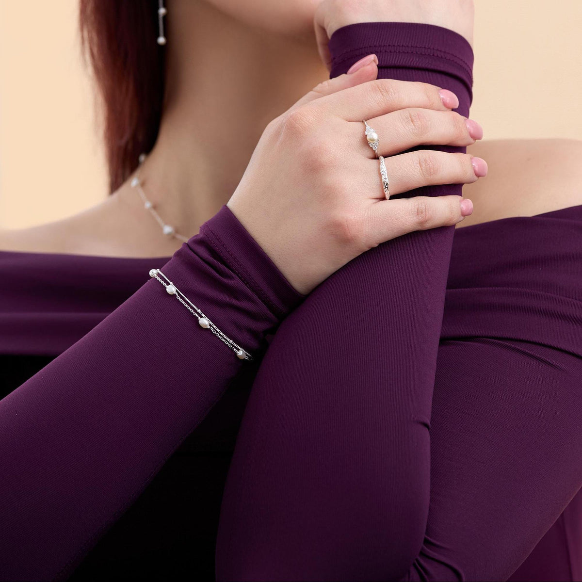 Double Layer Oval Freshwater Pearl Station Bracelet