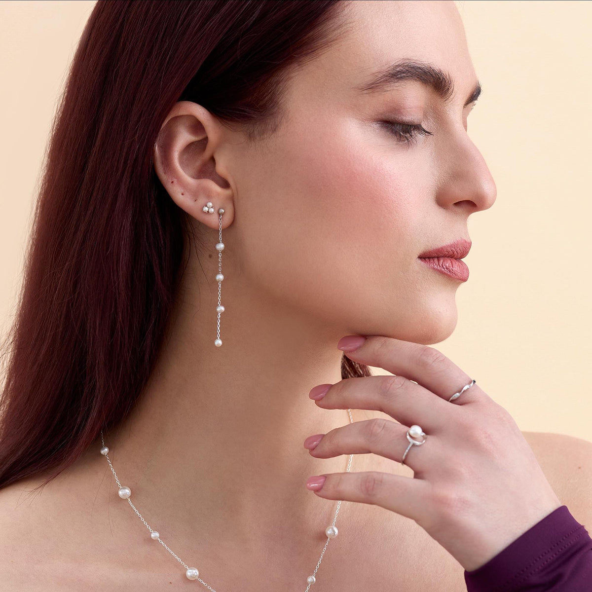 Genuine Freshwater Pearl Drop Satellite Earrings in Sterling Silver, Delicate Keshi Pearl Long Dangle Earrings, Pearl Stud Dangle Earrings