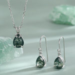 Sterling Silver Moss Agate Pear Earrings and Necklace Set
