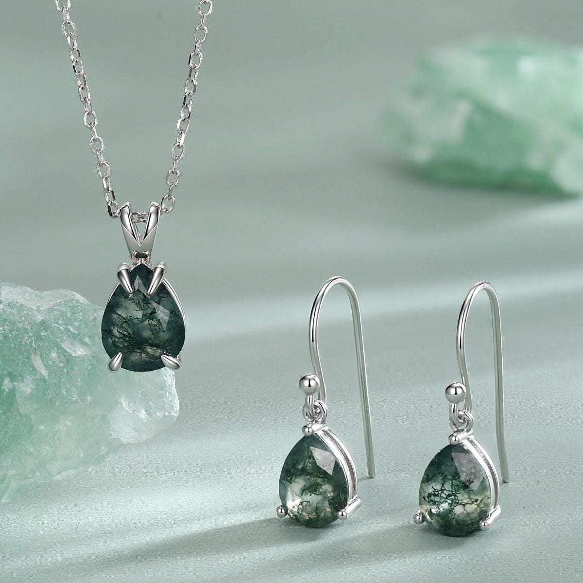 Sterling Silver Moss Agate Pear Earrings and Necklace Set