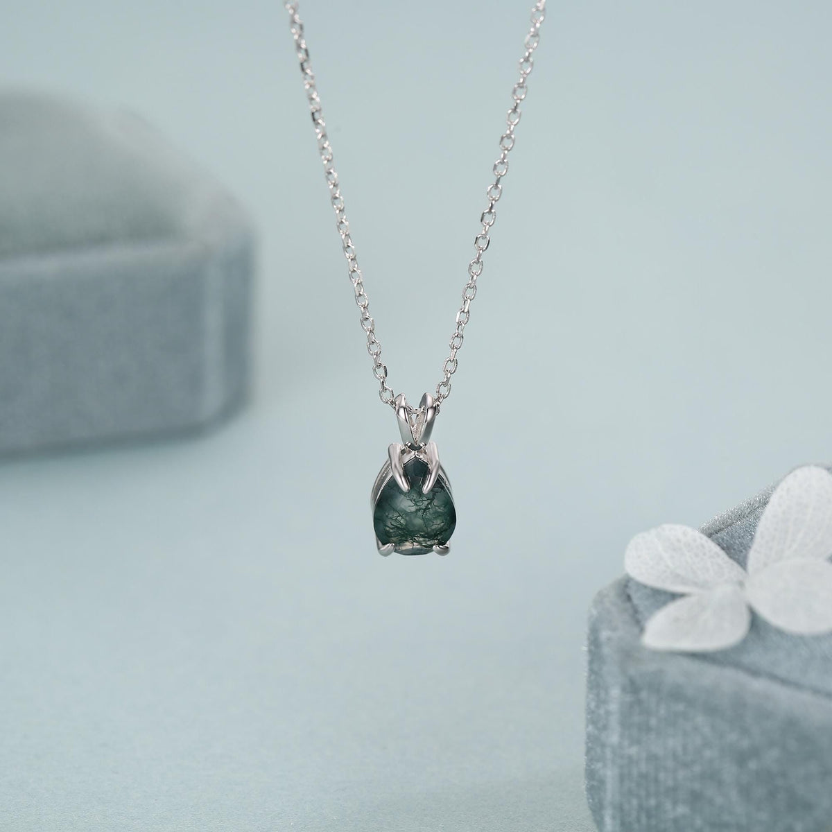 Sterling Silver Moss Agate Droplet Pendant Necklace