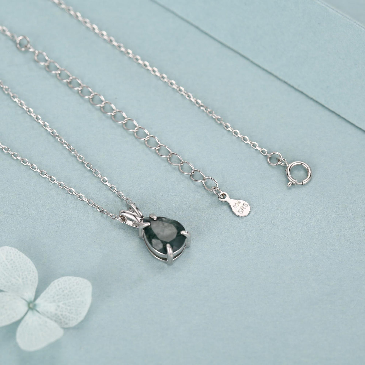 Sterling Silver Moss Agate Droplet Pendant Necklace