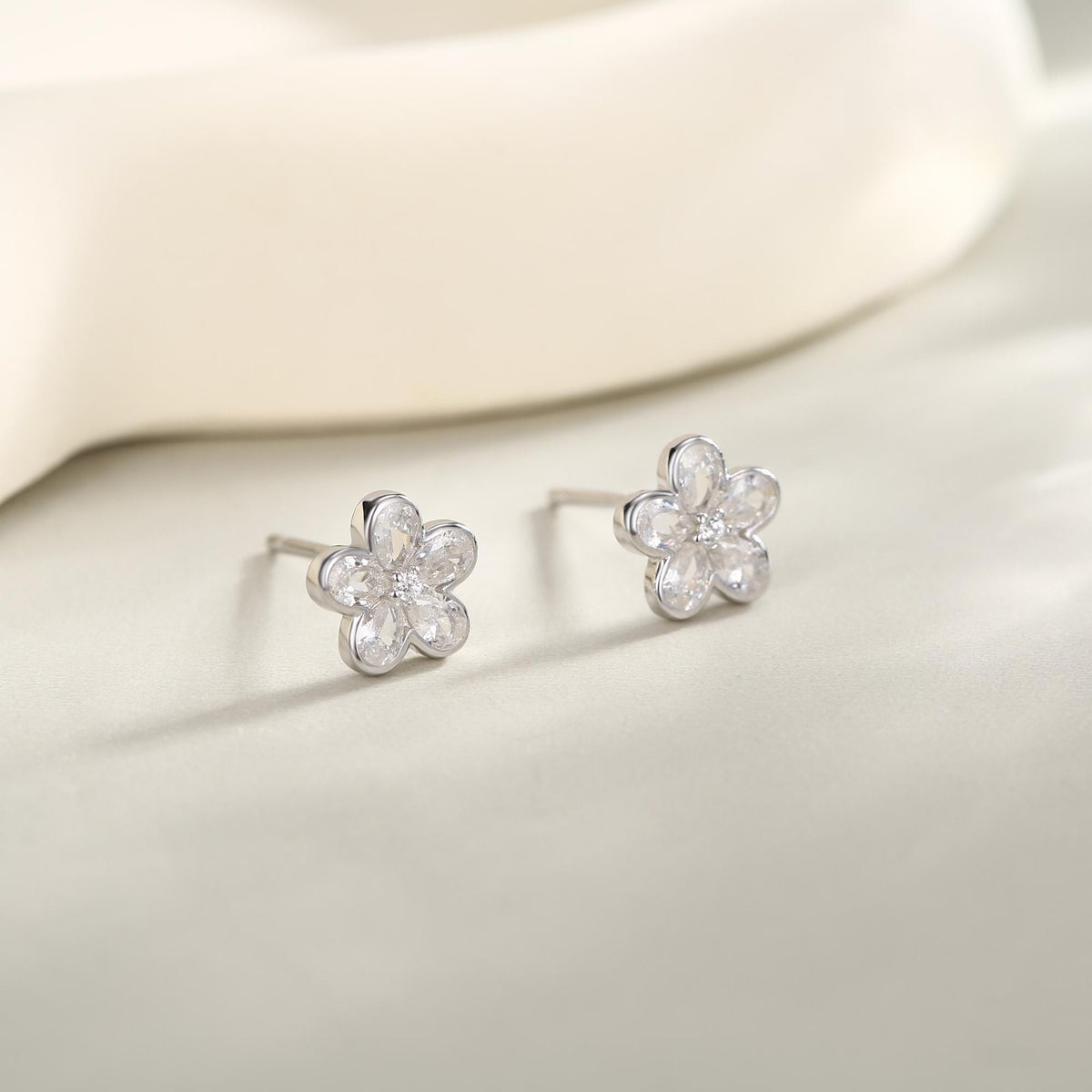 Tiny Flower CZ Stud Earrings in Sterling Silver, Forget Me Not Floral CZ Earrings, Silver or Gold, Flower CZ Earrings, Pear