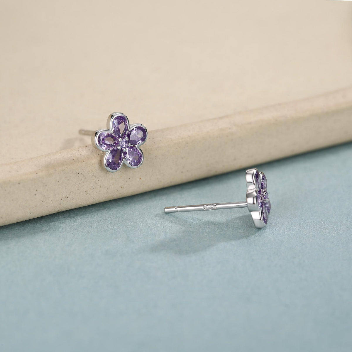 Amethyst Purple Flower CZ Stud Earrings in Sterling Silver, Forget Me Not Floral CZ Earrings, Silver or Gold, Flower CZ Earrings
