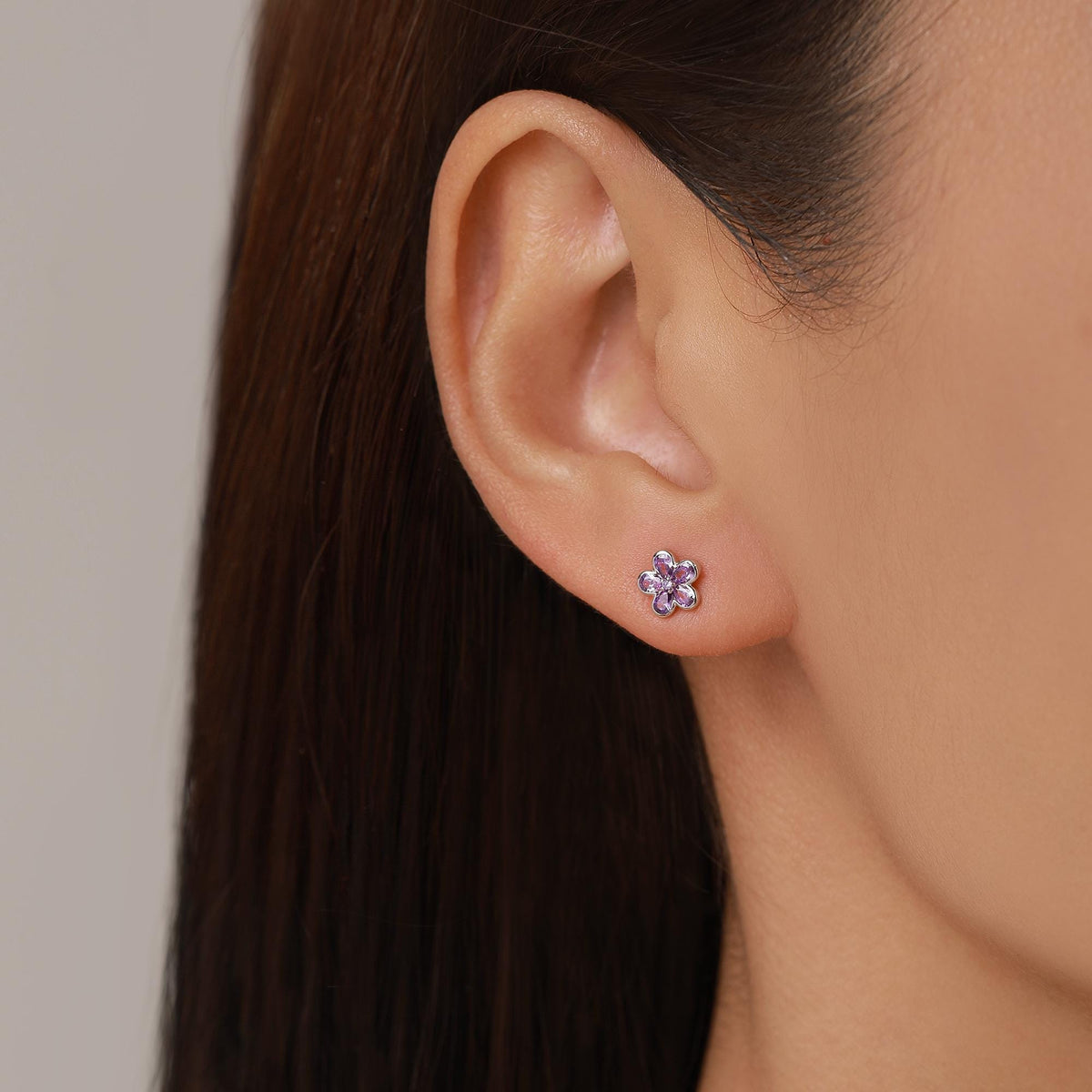 Amethyst Purple Flower CZ Stud Earrings in Sterling Silver, Forget Me Not Floral CZ Earrings, Silver or Gold, Flower CZ Earrings