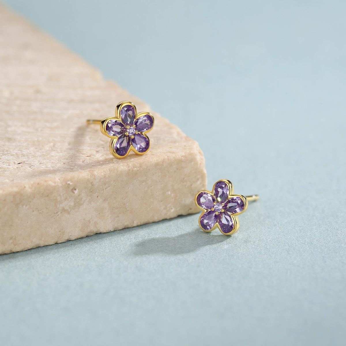 Amethyst Purple Flower CZ Stud Earrings in Sterling Silver, Forget Me Not Floral CZ Earrings, Silver or Gold, Flower CZ Earrings