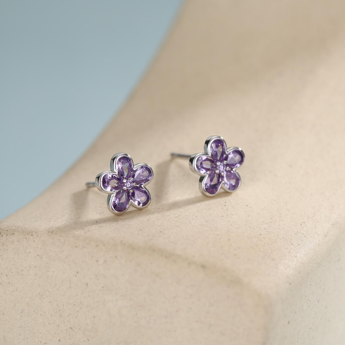 Amethyst Purple Flower CZ Stud Earrings in Sterling Silver, Forget Me Not Floral CZ Earrings, Silver or Gold, Flower CZ Earrings