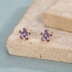 Amethyst Purple Flower CZ Stud Earrings in Sterling Silver, Forget Me Not Floral CZ Earrings, Silver or Gold, Flower CZ Earrings