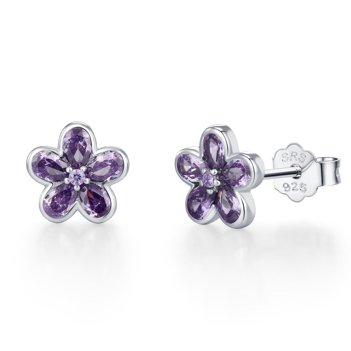 Amethyst Purple Flower CZ Stud Earrings in Sterling Silver, Forget Me Not Floral CZ Earrings, Silver or Gold, Flower CZ Earrings