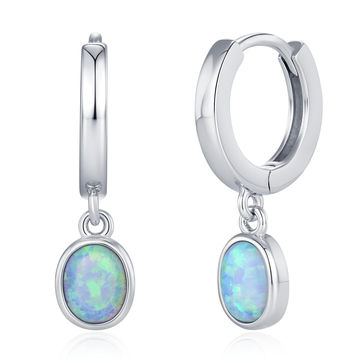 Sterling Silver Dangling Oval Blue Opal Hoop Earrings, Blue Opal Charm Dangle Hoop Earrings, Silver or Gold