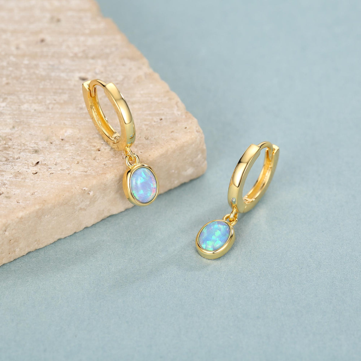 Sterling Silver Dangling Oval Blue Opal Hoop Earrings, Blue Opal Charm Dangle Hoop Earrings, Silver or Gold