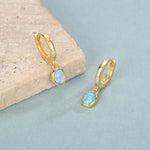 Sterling Silver Dangling Oval Blue Opal Hoop Earrings, Blue Opal Charm Dangle Hoop Earrings, Silver or Gold