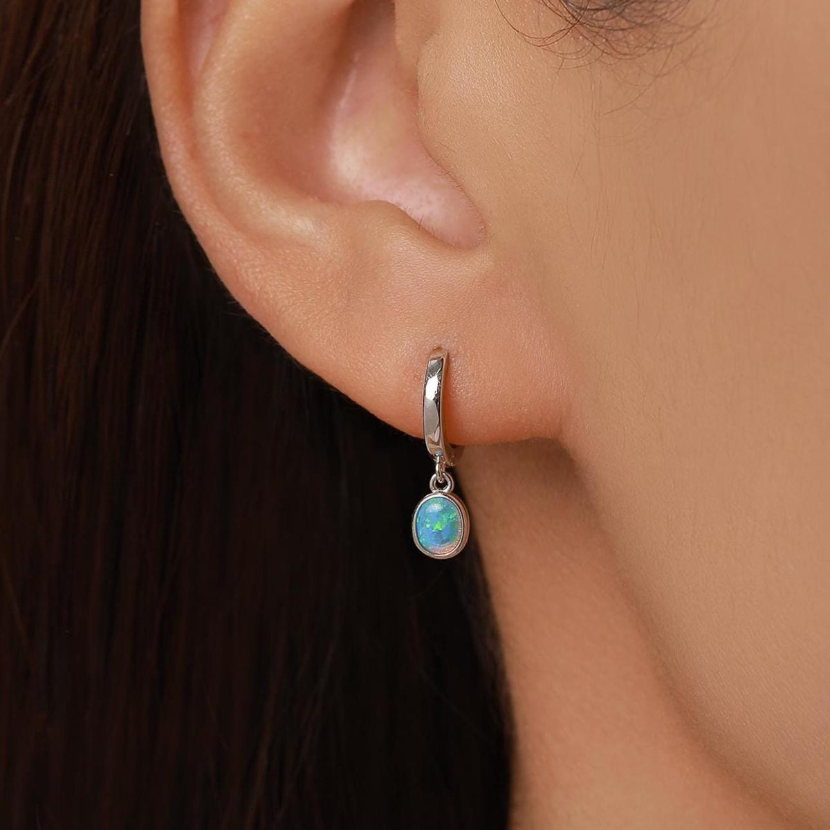 Sterling Silver Dangling Oval Blue Opal Hoop Earrings, Blue Opal Charm Dangle Hoop Earrings, Silver or Gold