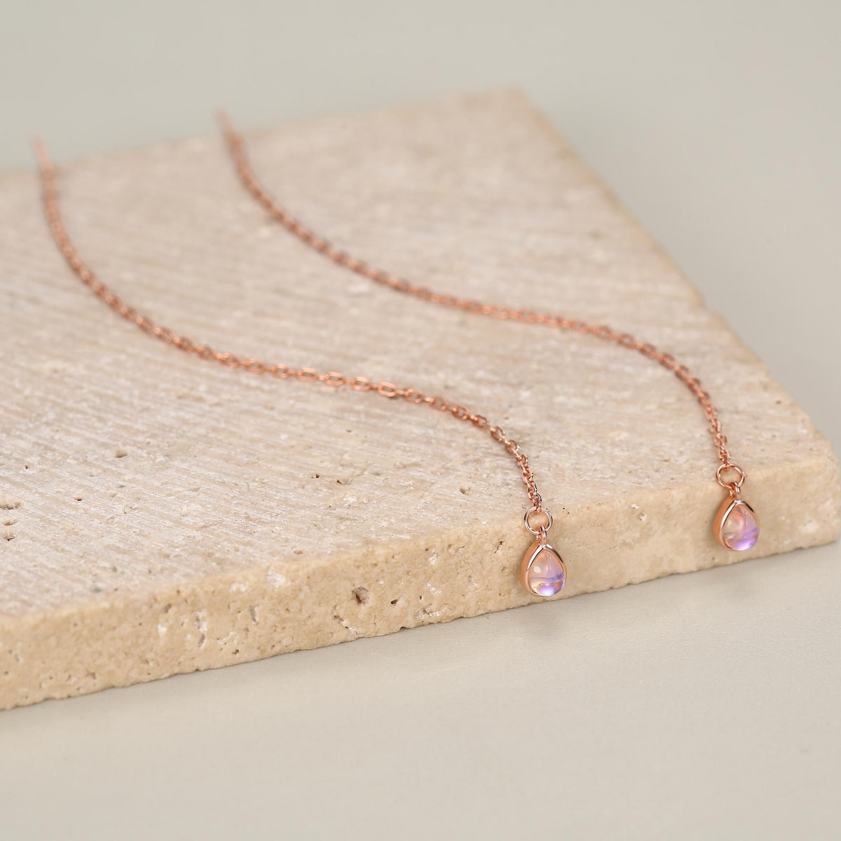 Sterling Silver Aurora Moonstone Droplet Ear Threader Earrings