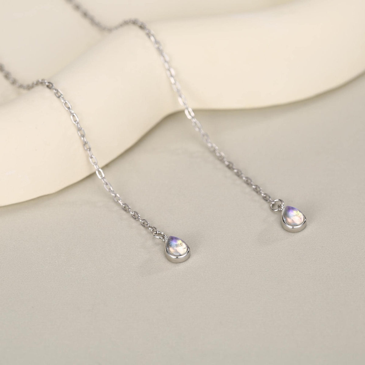 Sterling Silver Aurora Moonstone Droplet Ear Threader Earrings