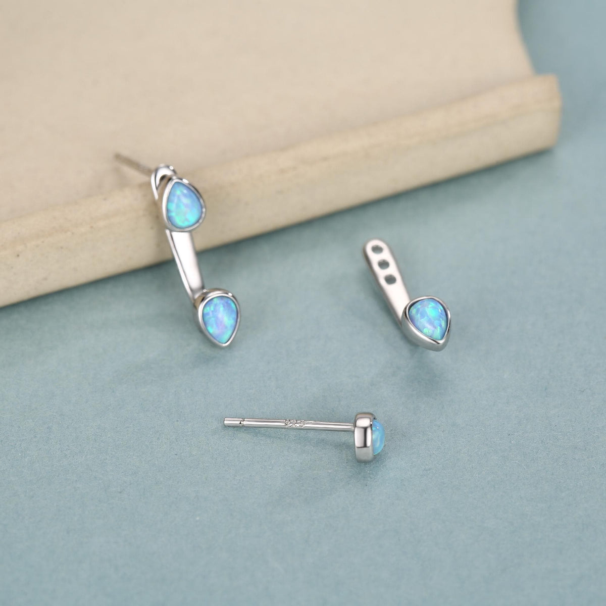 Blue Opal Droplet Ear Jacket in Sterling Silver, Silver or Gold, White Opal Pear Bezel Earrings, Front and Back Earrings
