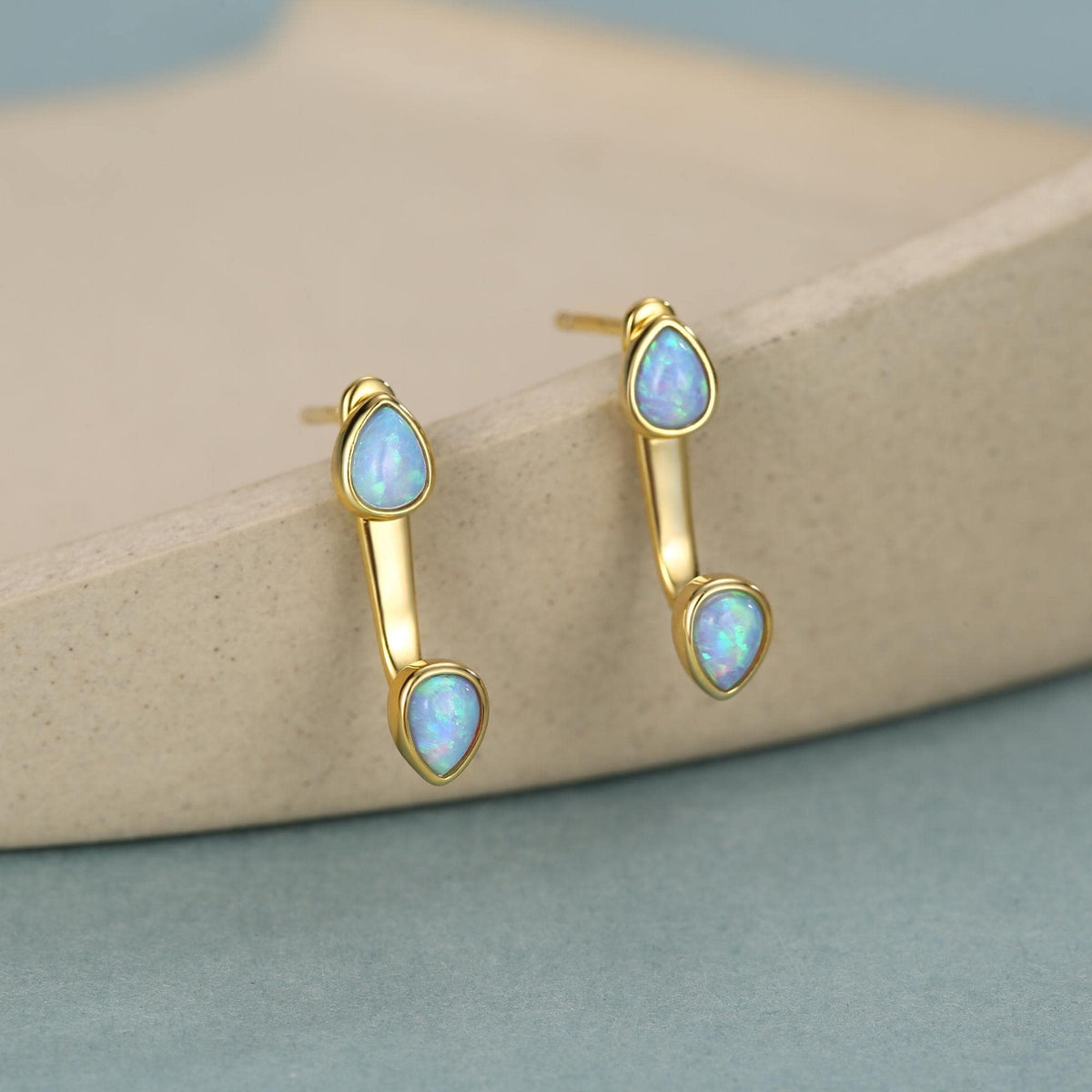 Blue Opal Droplet Ear Jacket in Sterling Silver, Silver or Gold, White Opal Pear Bezel Earrings, Front and Back Earrings