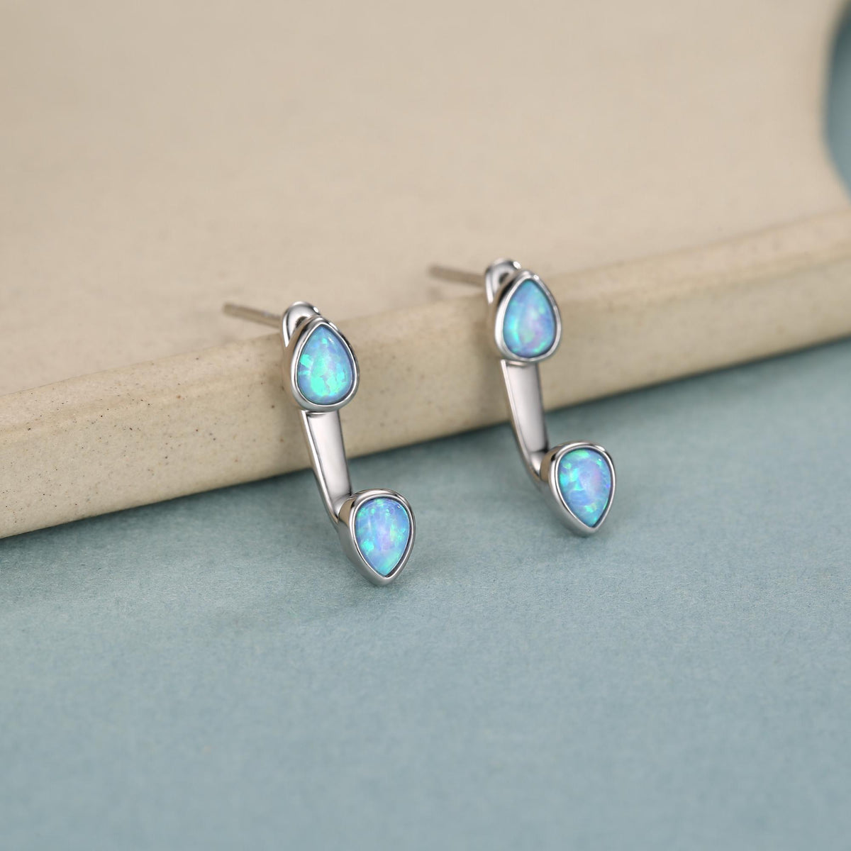 Blue Opal Droplet Ear Jacket in Sterling Silver, Silver or Gold, White Opal Pear Bezel Earrings, Front and Back Earrings