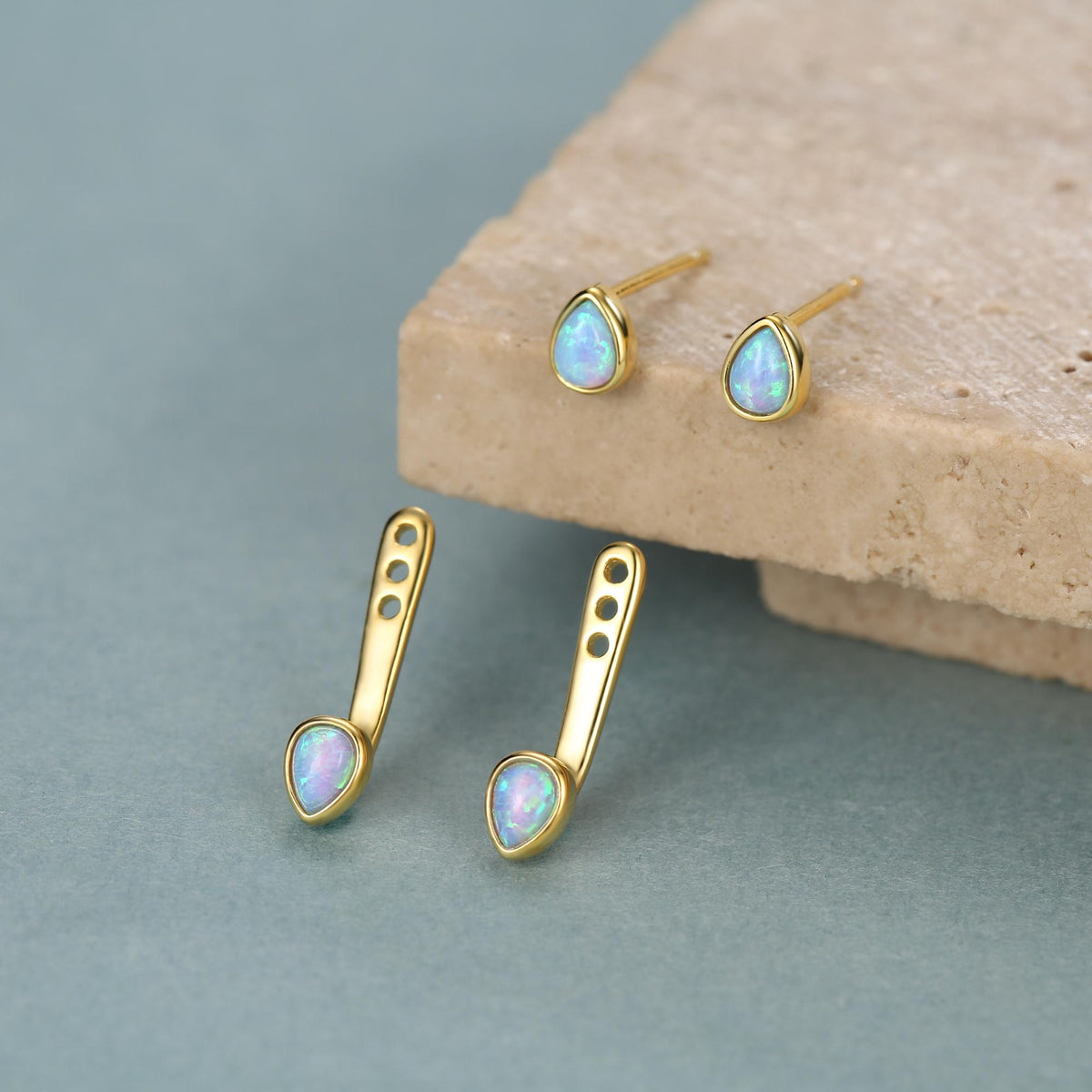 Blue Opal Droplet Ear Jacket in Sterling Silver, Silver or Gold, White Opal Pear Bezel Earrings, Front and Back Earrings