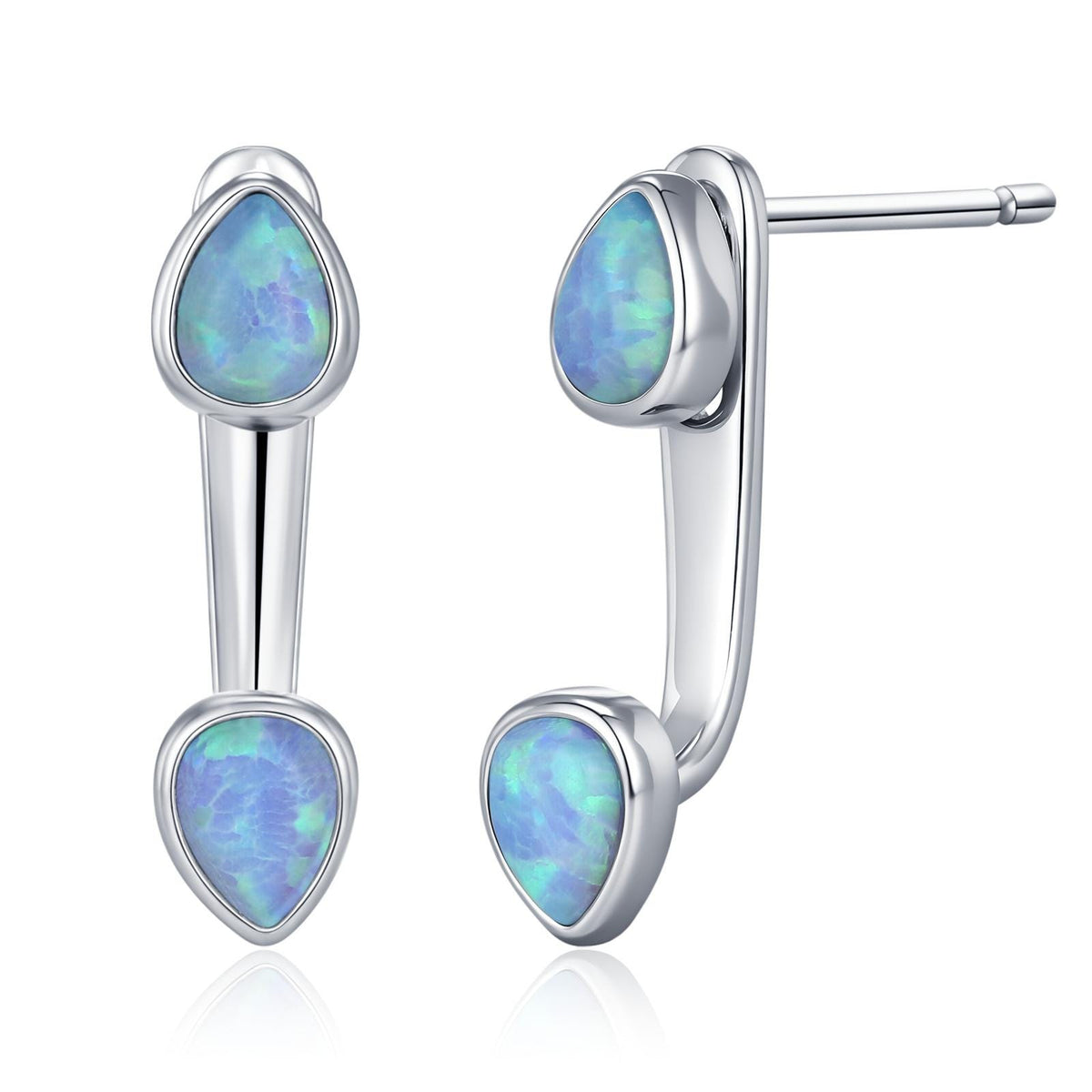 Blue Opal Droplet Ear Jacket in Sterling Silver, Silver or Gold, White Opal Pear Bezel Earrings, Front and Back Earrings