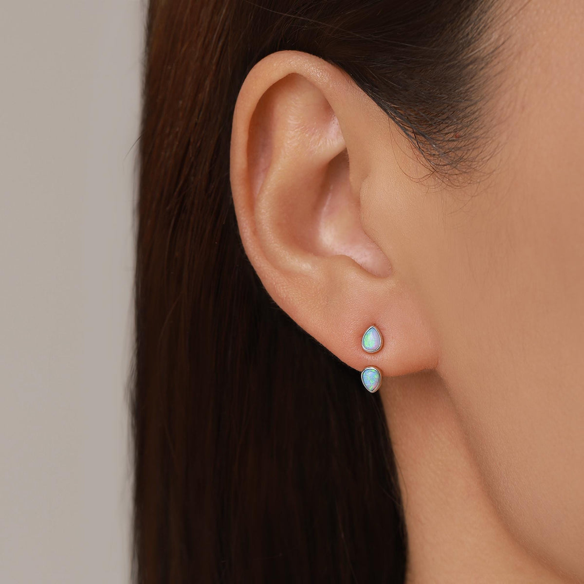 Blue Opal Droplet Ear Jacket in Sterling Silver, Silver or Gold, White Opal Pear Bezel Earrings, Front and Back Earrings
