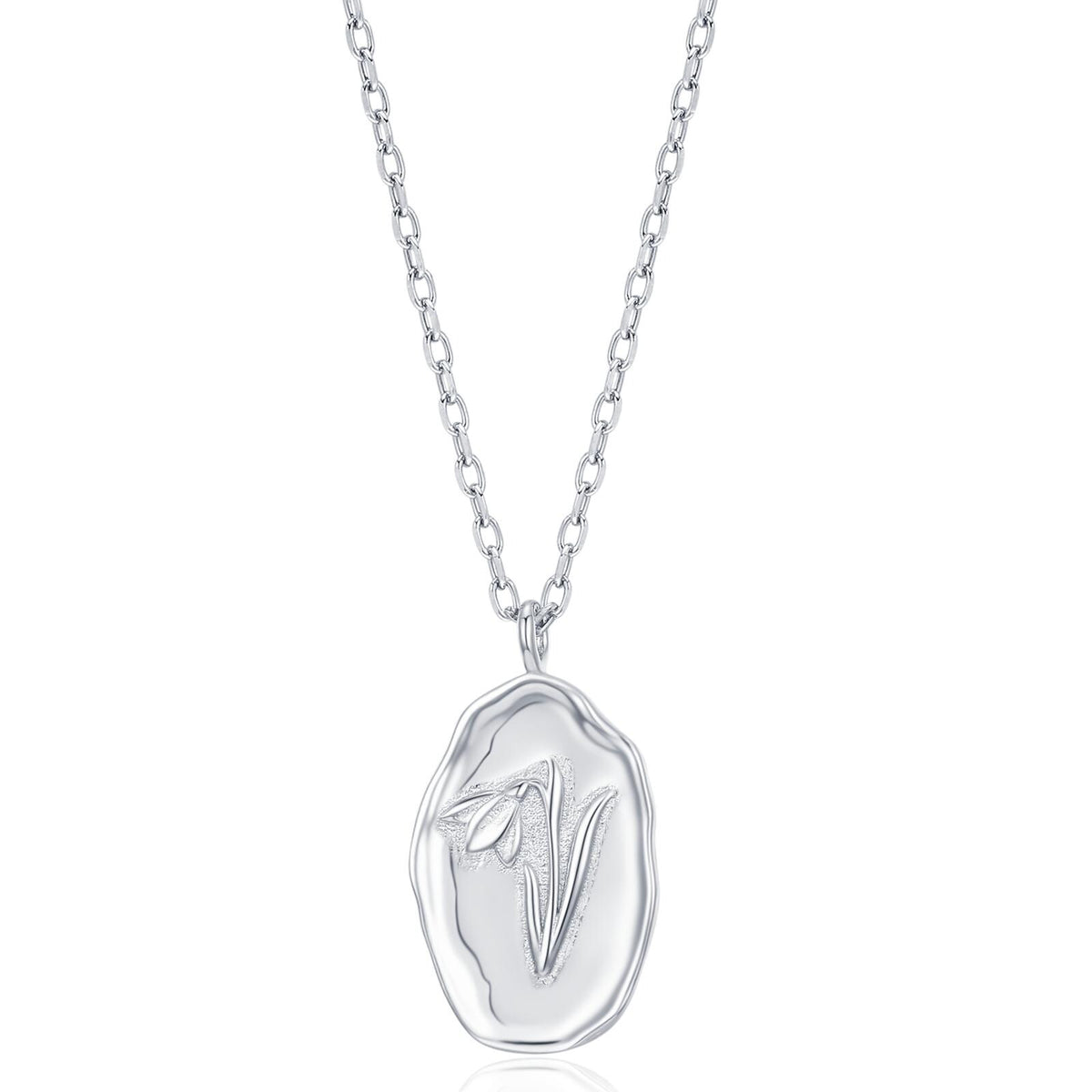 Snowdrop Birth Flower Oval Pendant Necklace