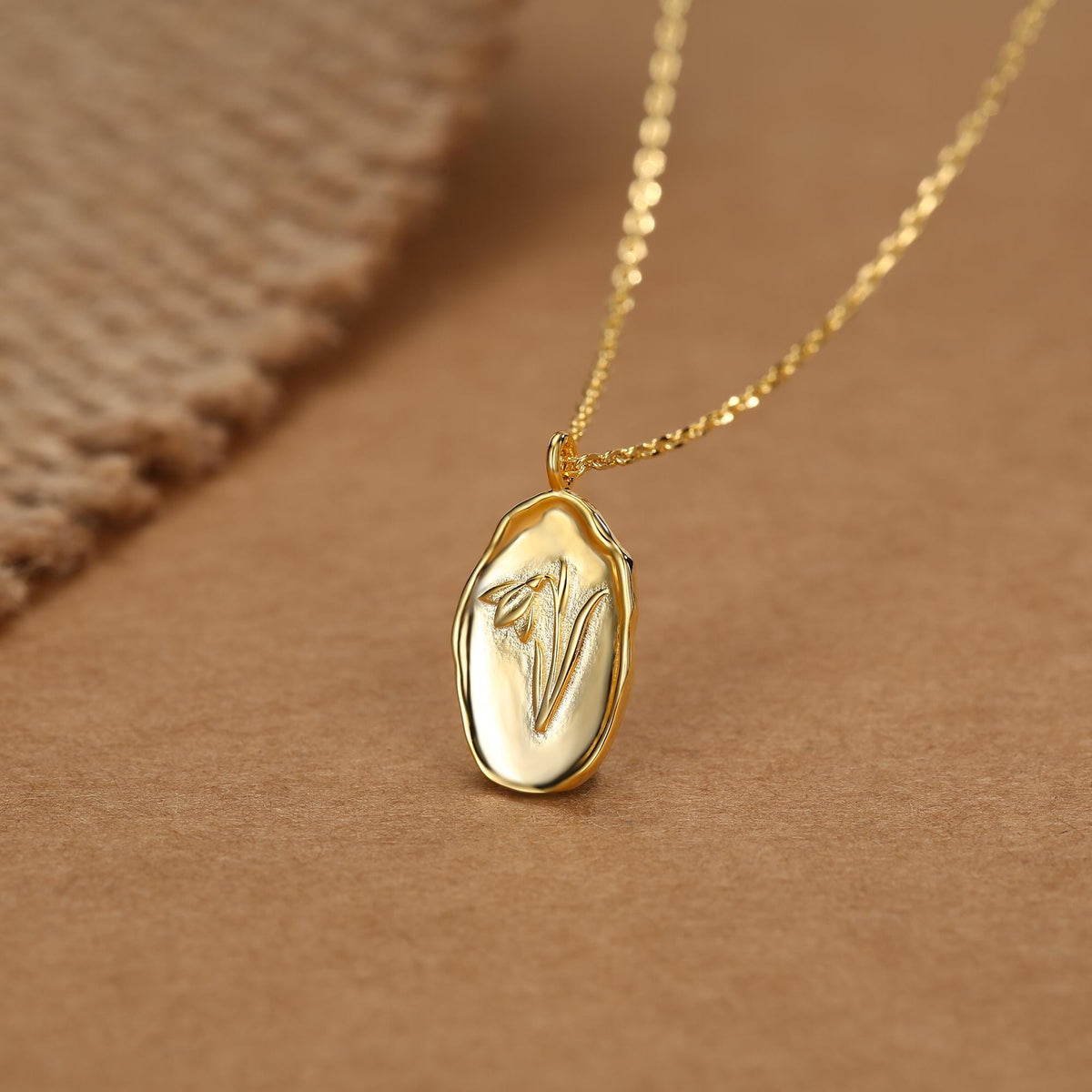 Snowdrop Birth Flower Oval Pendant Necklace