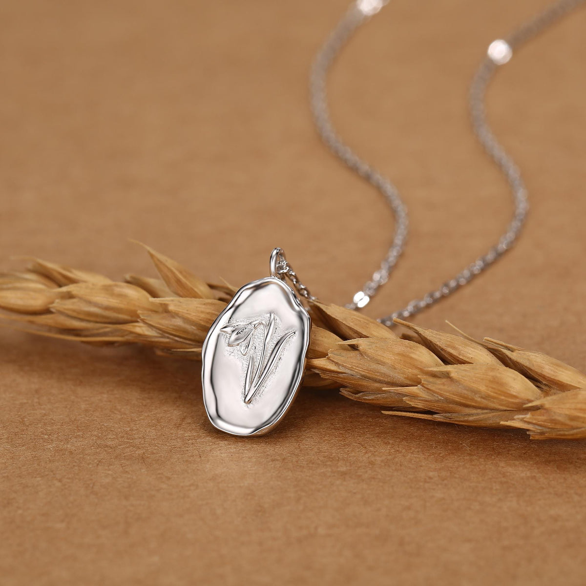 Snowdrop Birth Flower Oval Pendant Necklace