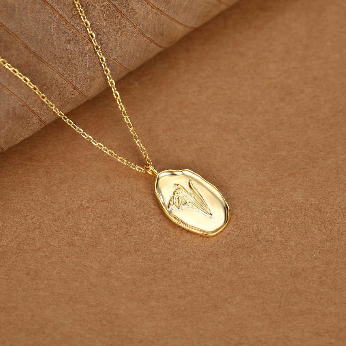 Snowdrop Birth Flower Oval Pendant Necklace