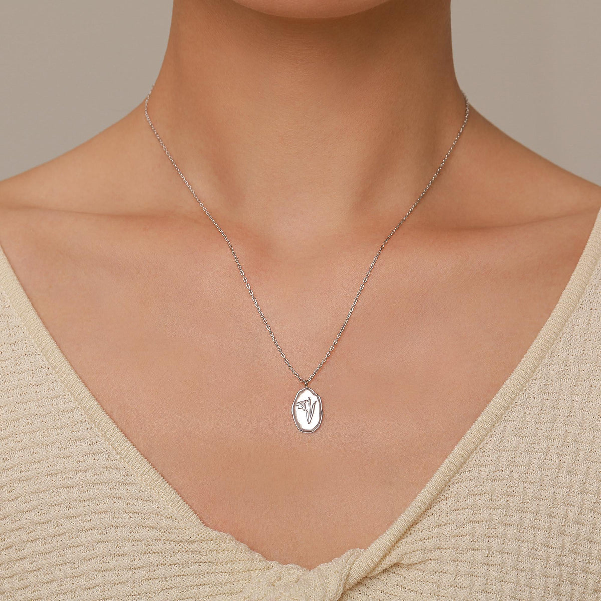 Snowdrop Birth Flower Oval Pendant Necklace