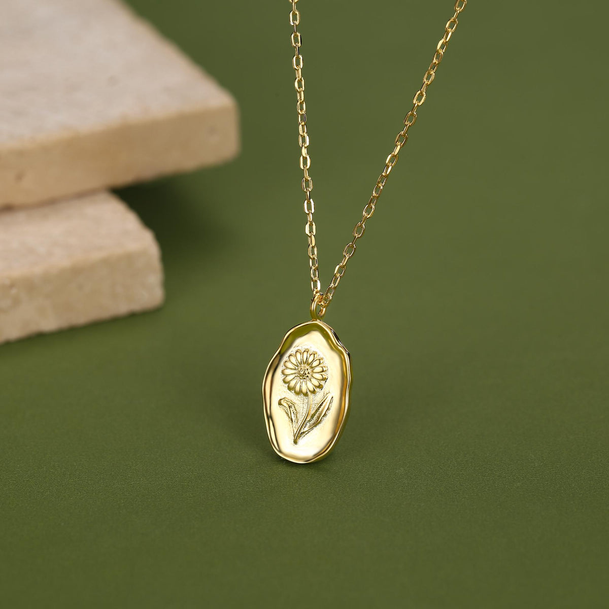Daisy Birth Flower Oval Pendant Necklace