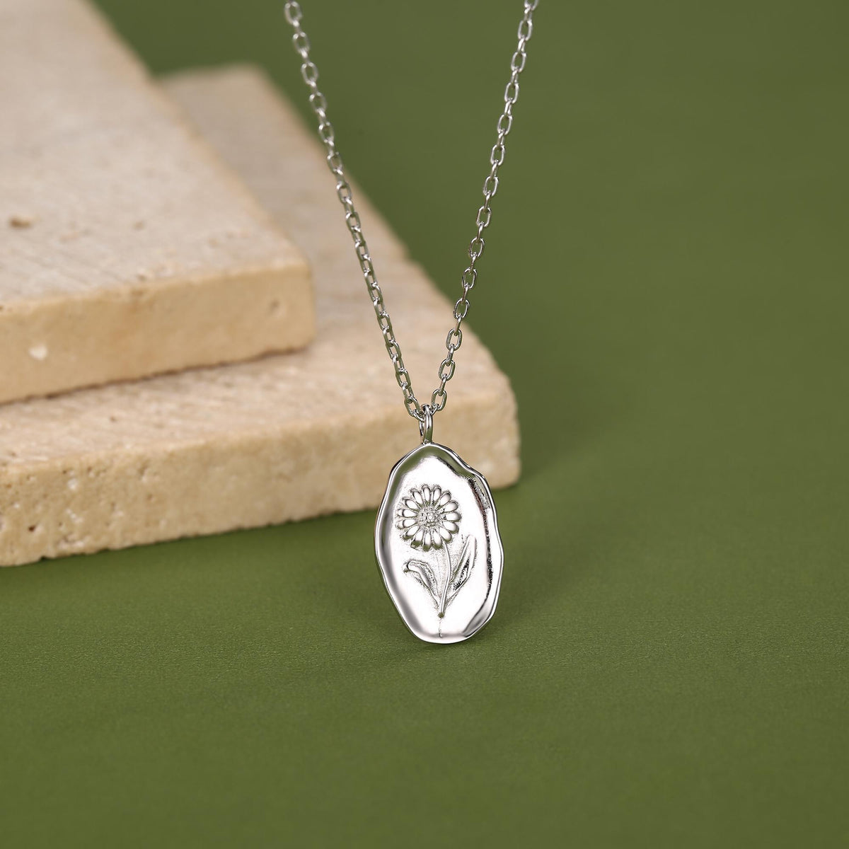Daisy Birth Flower Oval Pendant Necklace