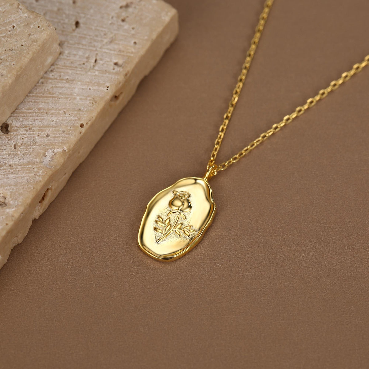 Rose Birth Flower Oval Pendant Necklace