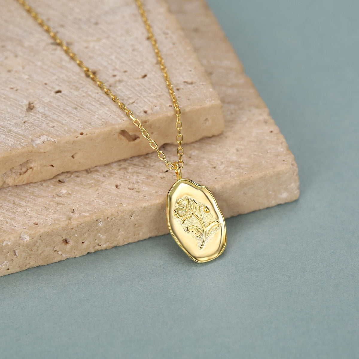 Poppy Flower Oval Pendant Necklace