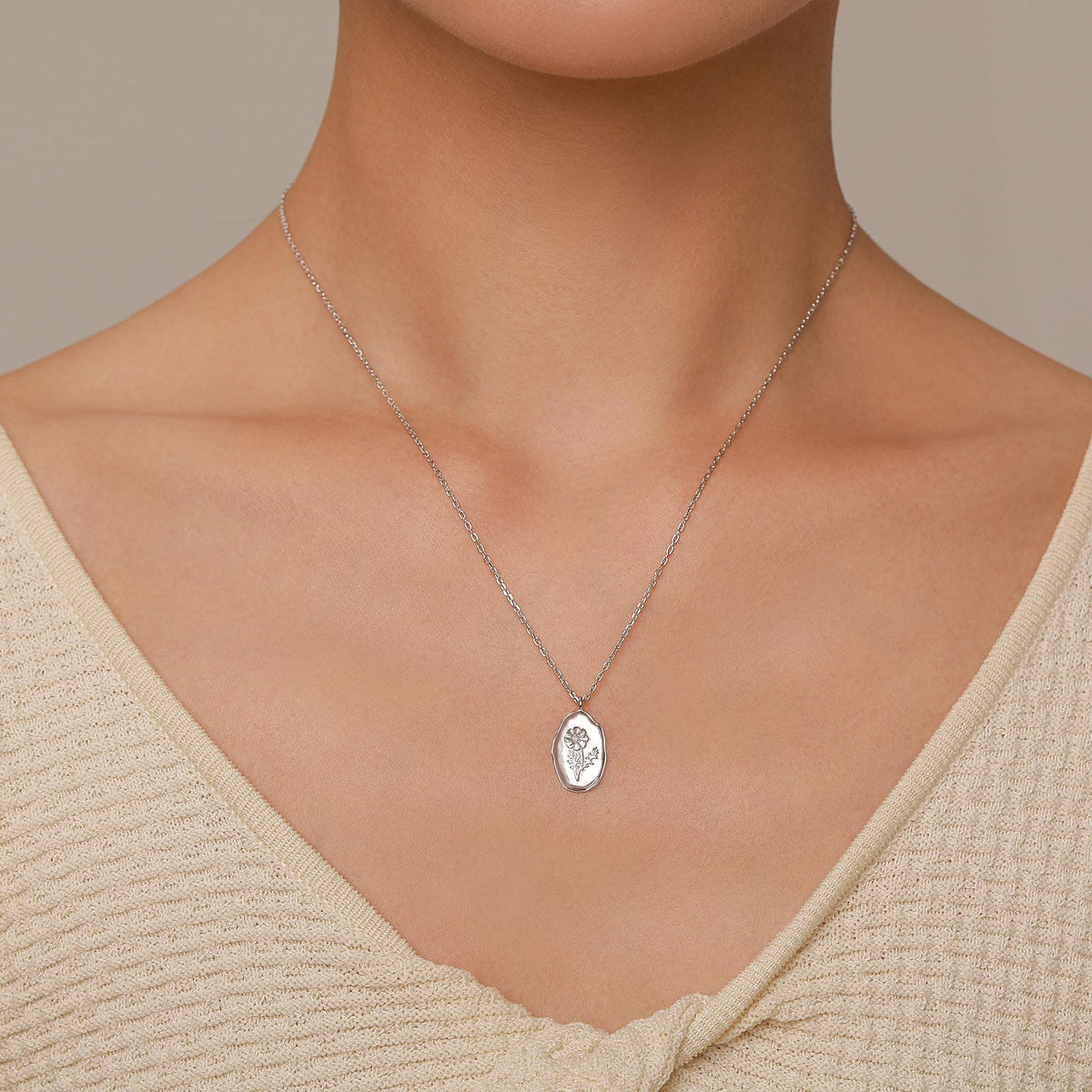 Cosmos Birth Flower Oval Pendant Necklace