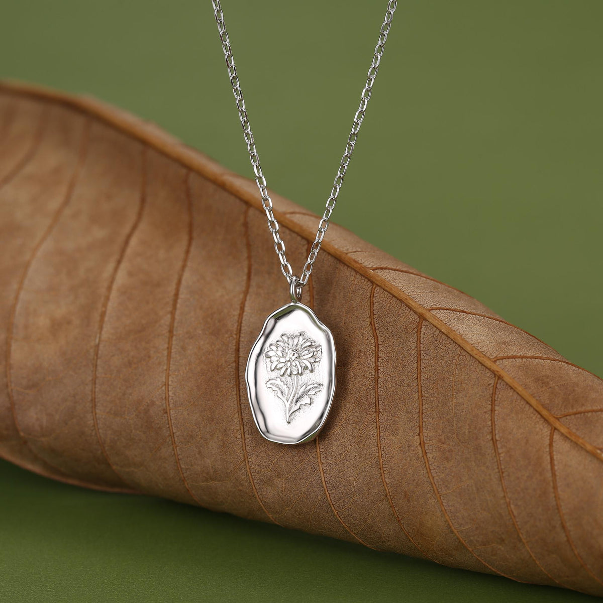 Chrysanthemum Birth Flower Oval Pendant Necklace