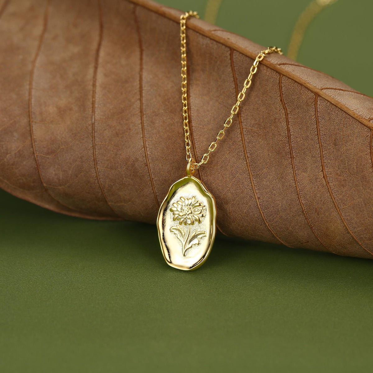 Chrysanthemum Birth Flower Oval Pendant Necklace