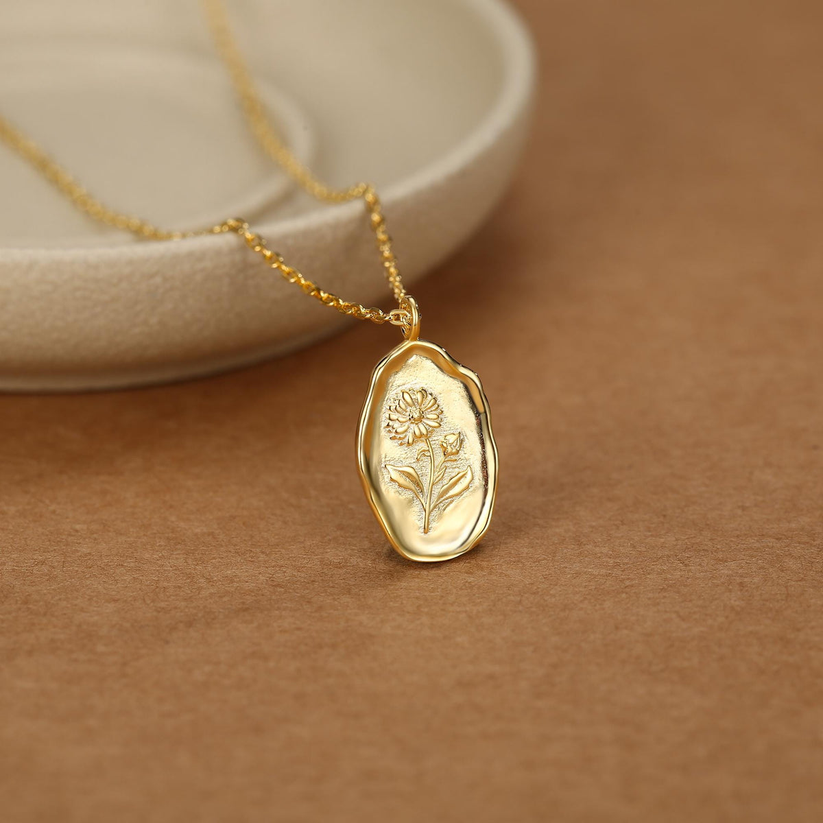 Aster Birth Flower Oval Pendant Necklace
