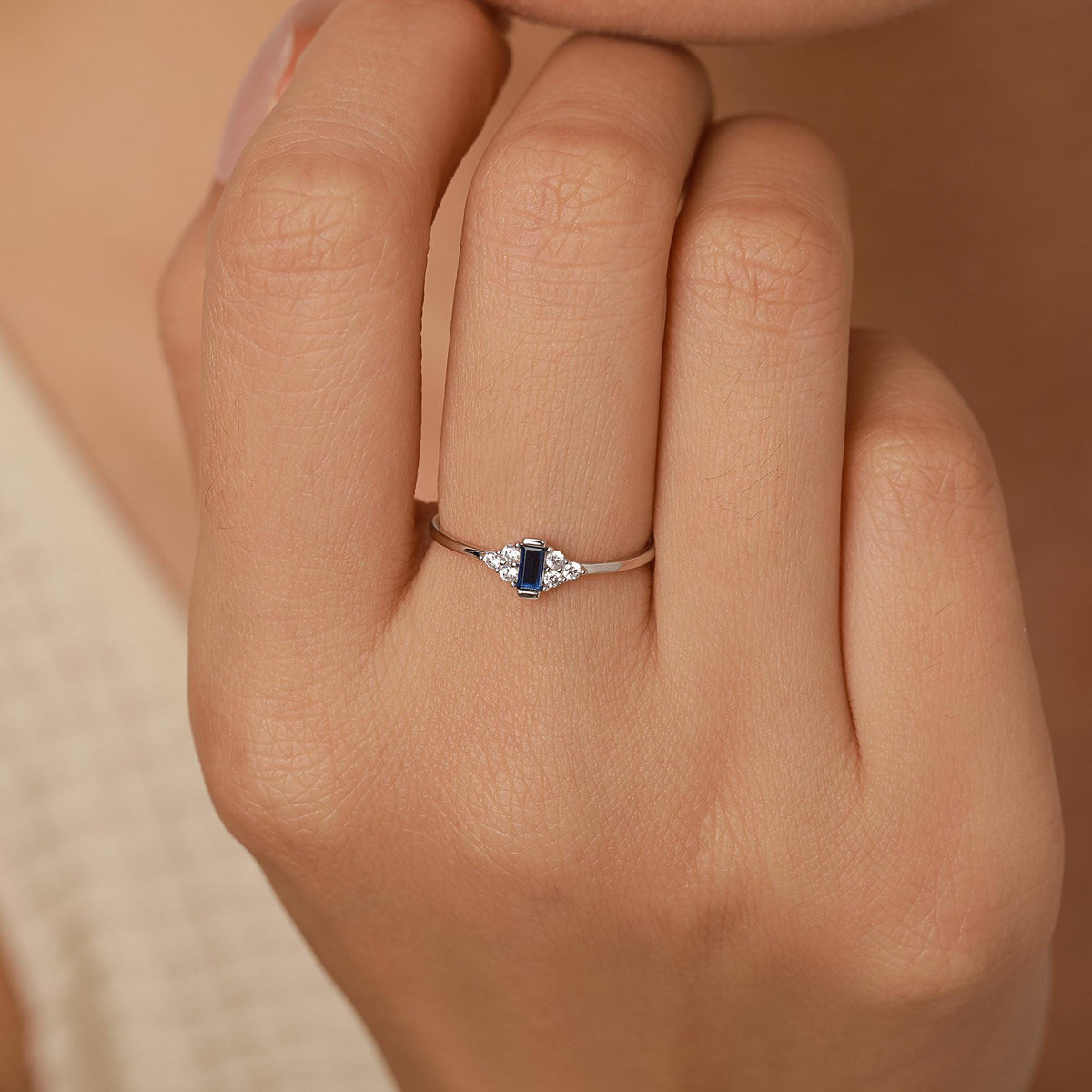 Vintage Sapphire Blue Baguette Gemstone Ring with CZ Accents