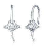 Sterling Silver Manta Ray Fish Drop Hook Earrings with CZ, Stingray Dangle Hoop Earrings, Dainty Zircon Fish Dangle Earrings