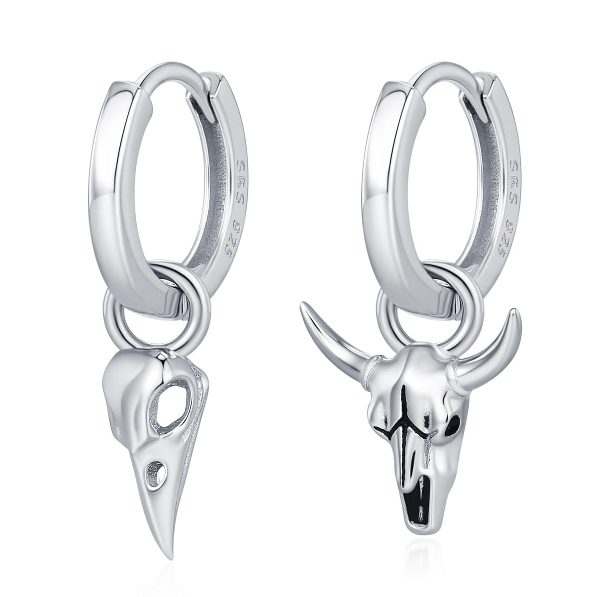 Mismatched Bull Skull and Bird Skull Hoop Earrings
