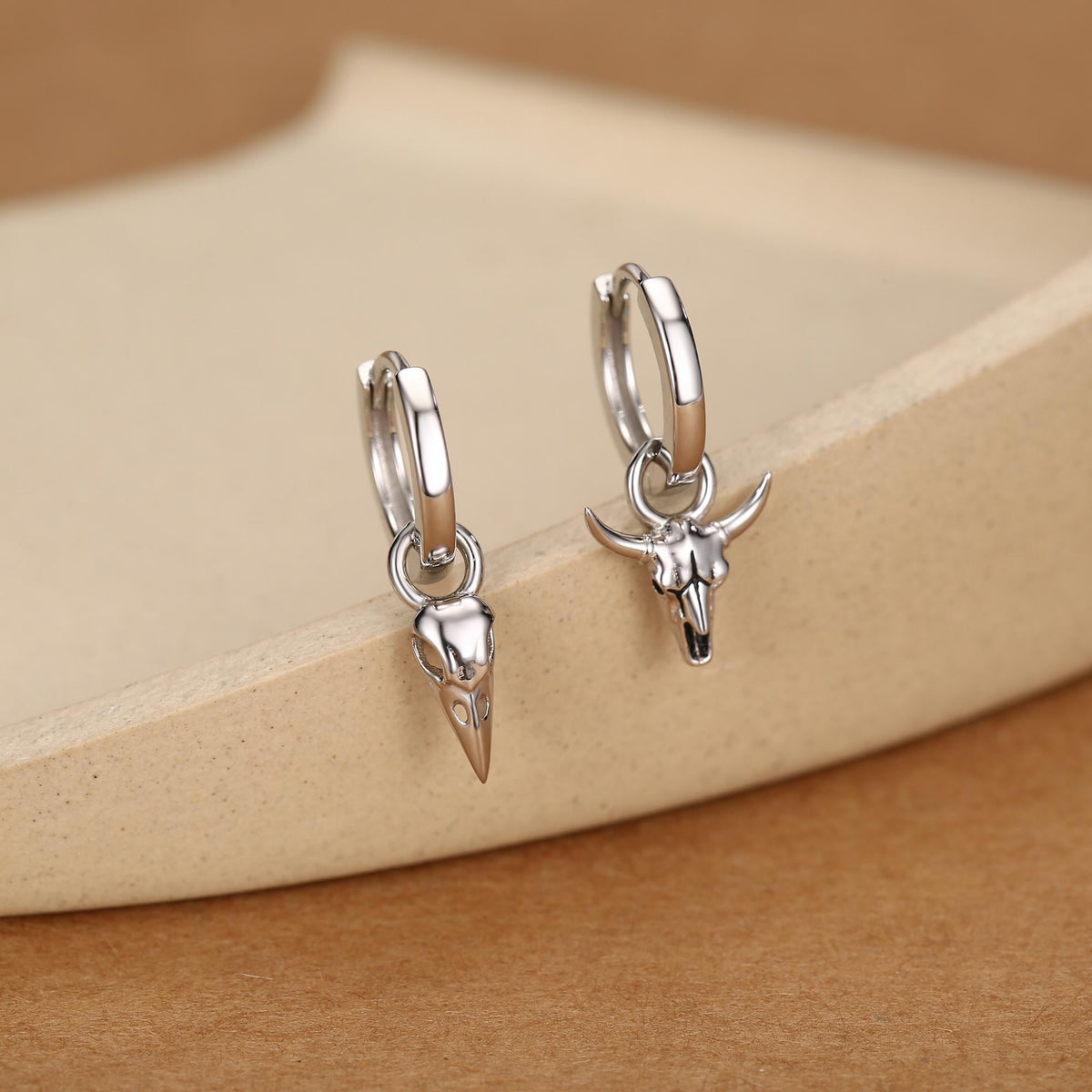 Sterling Silver Mismatched Bird and Bull Skull Earring Charms for Hoop Earrings